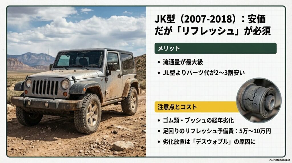 JK型ラングラーのパーツ代の安さと、経年劣化によるブッシュ類交換の必要性、デスウォブル対策を説明するスライド