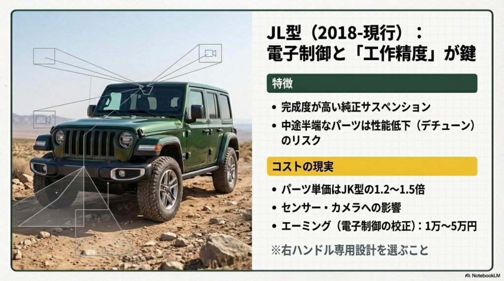 JL型ラングラーのリフトアップにおけるセンサー・カメラへの影響と、エーミング（電子制御校正）の必要性を解説する図解