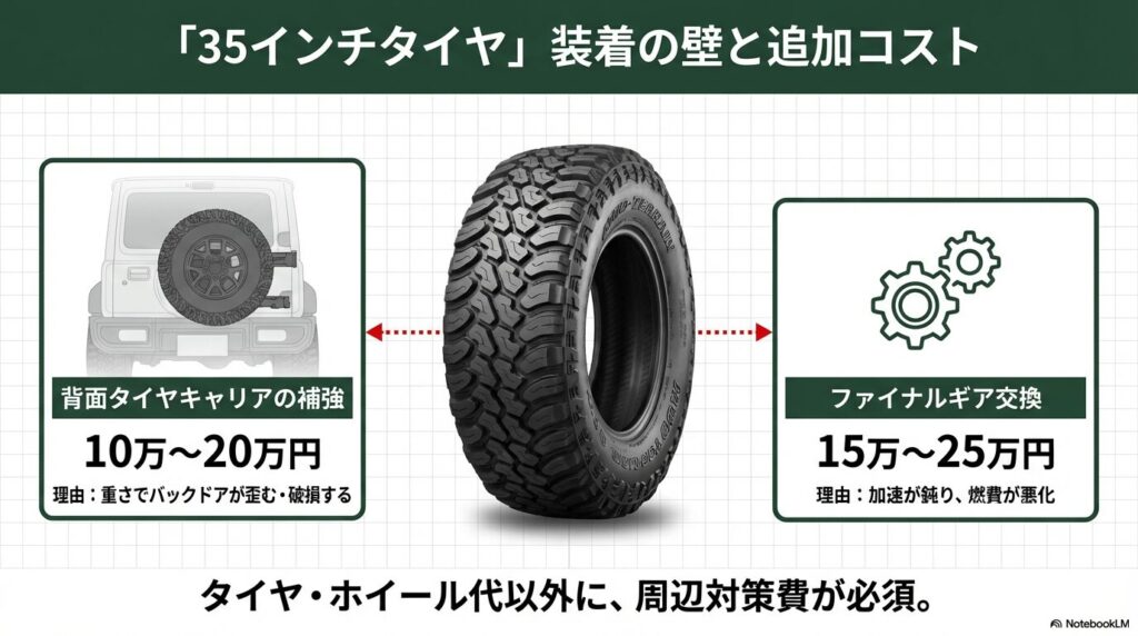35インチタイヤ装着時の背面タイヤキャリア補強（10-20万円）とファイナルギア交換（15-25万円）の必要性解説