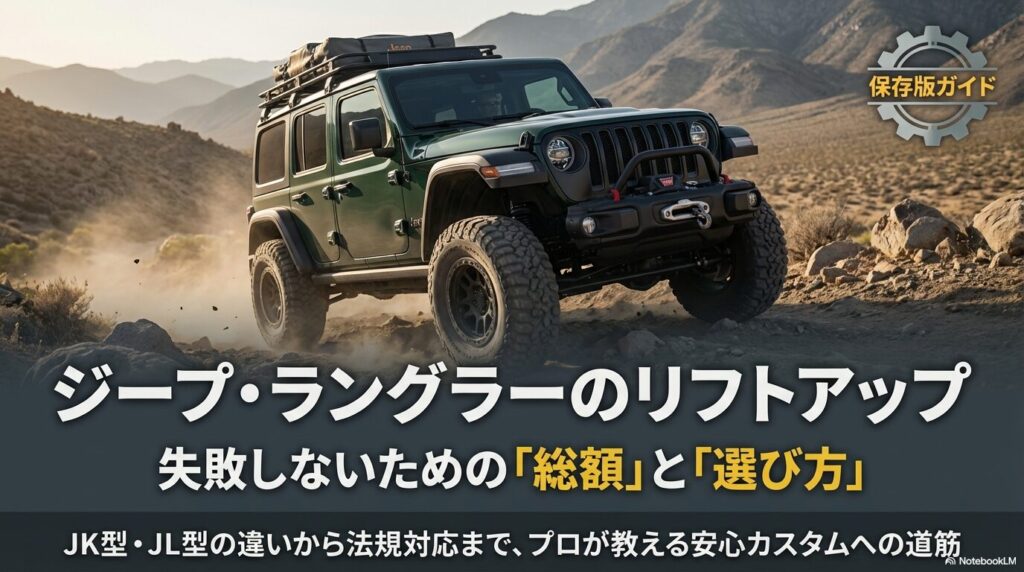ジープ・ラングラーのJK型・JL型リフトアップにおける総額費用と選び方のポイントを解説するガイドの表紙スライド