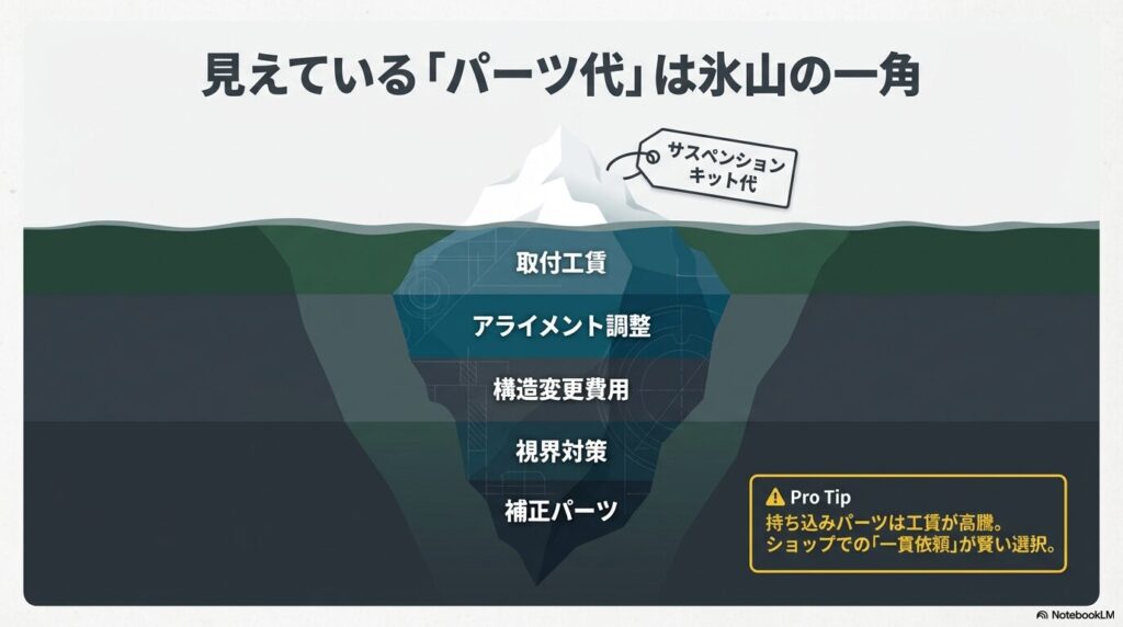 サスペンションキット代以外にかかる、取付工賃、アライメント、構造変更、視界対策、補正パーツなどの内訳図解
