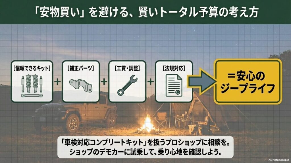 信頼できるキット、補正パーツ、工賃・調整、法規対応を組み合わせた「安心のジープライフ」の方程式