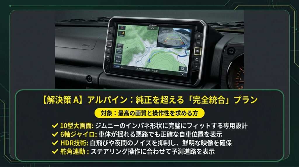 アルパインの10型大画面ナビに映る高画質な全方位映像と、6軸ジャイロ・HDR技術のメリットを紹介するスライド。