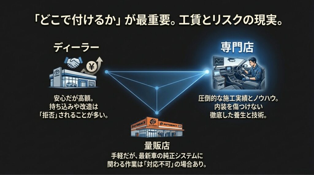カーナビ取り付け依頼先ごとの、安心感、工賃、技術力の違いを比較した表。