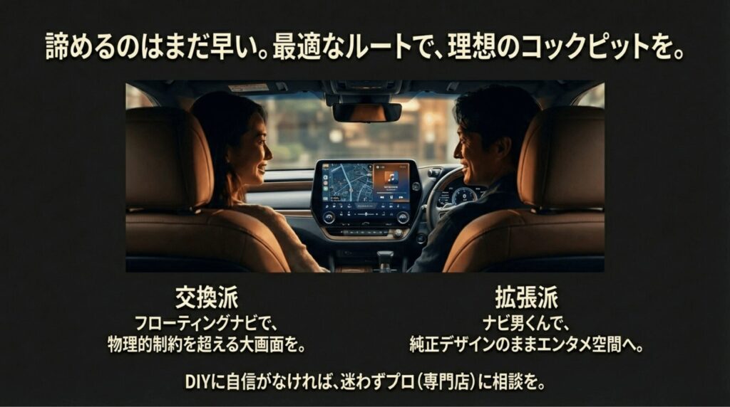 フローティングナビへの交換か、ナビ男くんによる拡張か、車のタイプに合わせた選択肢のまとめ。