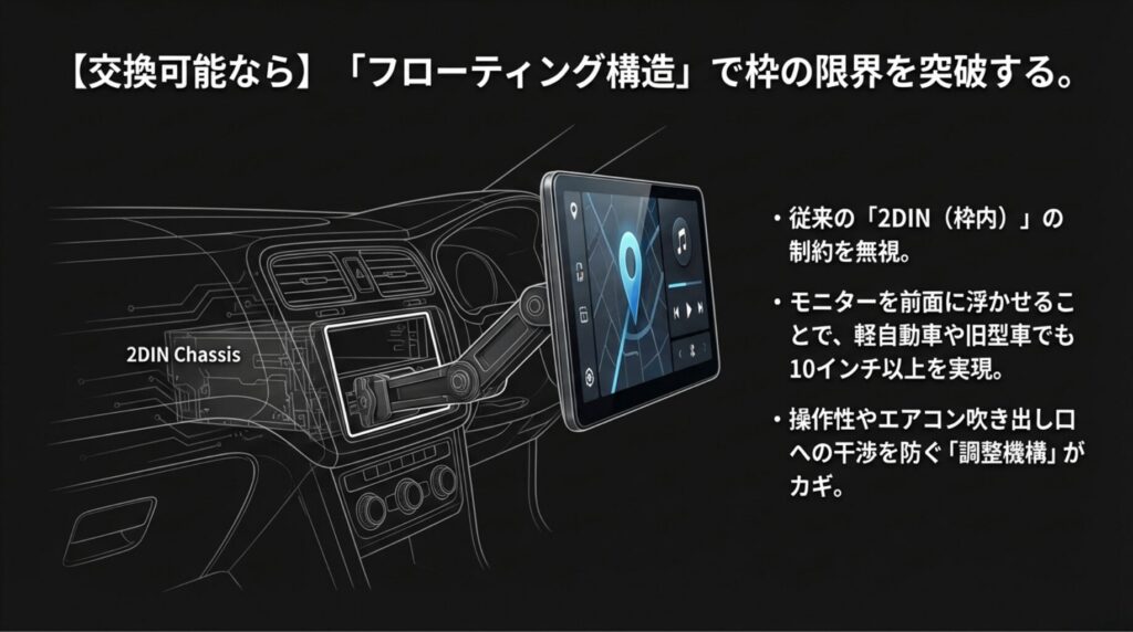 2DINサイズの本体からモニターを浮かせることで大画面化を実現するフローティング構造の解説図。