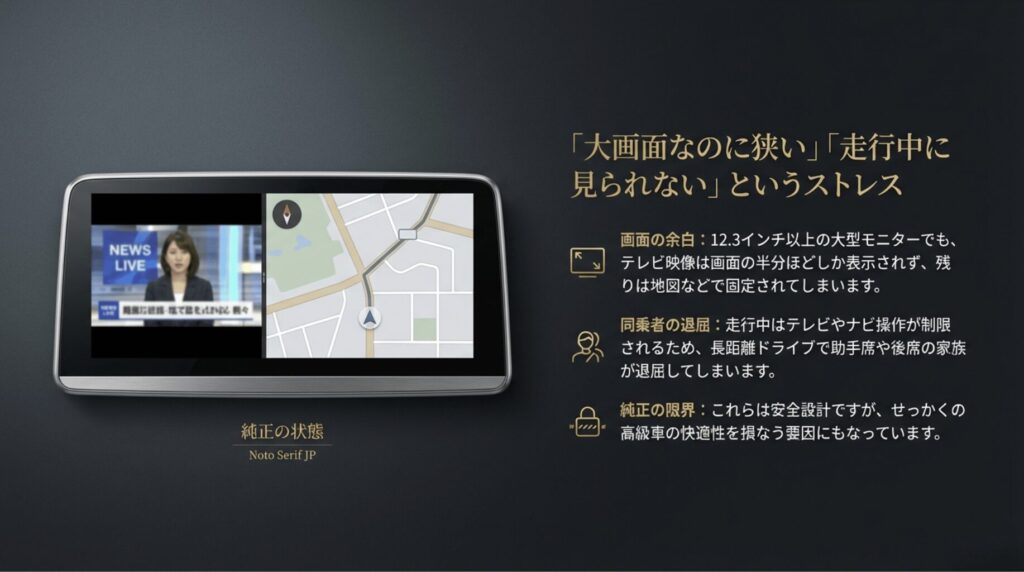 12.3インチ以上の大型モニターでもテレビ映像が半分しか表示されない純正ナビの不満点と、走行中の操作制限の説明