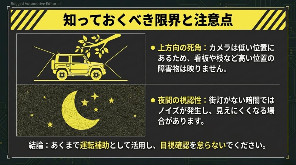 カメラ位置による上方向の死角や、夜間の暗闇における映像ノイズなど、使用上の注意点を警告するスライド。