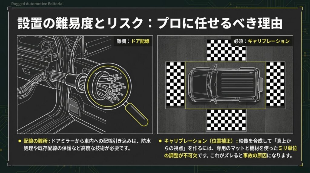 ドア配線の難しさと、専用マットを用いたミリ単位のキャリブレーション作業が不可欠であることを示す画像。