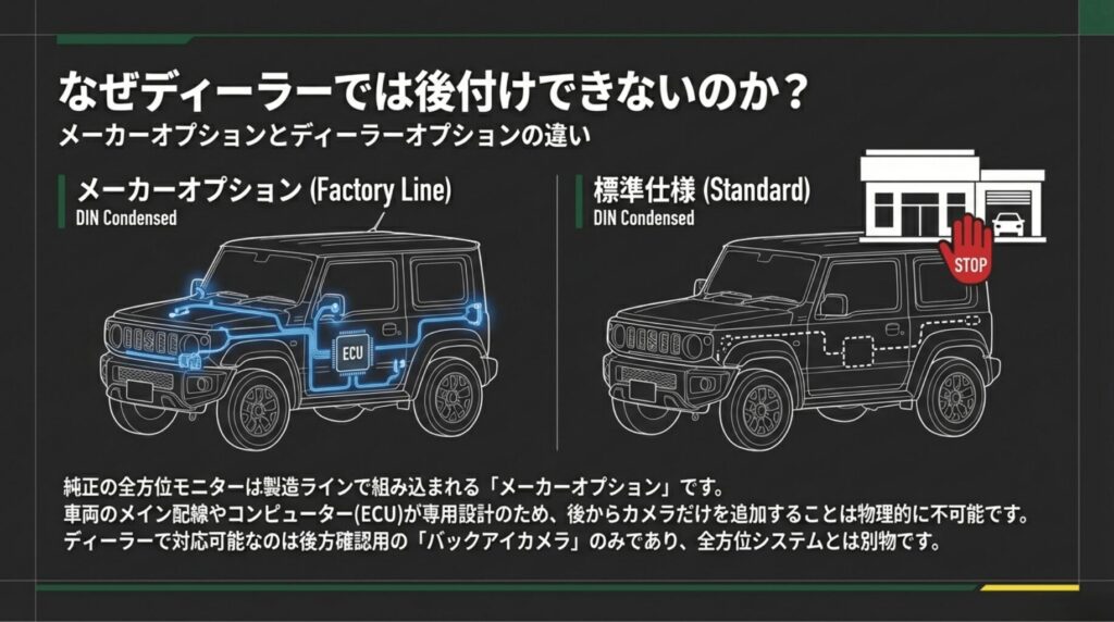 純正全方位モニターは製造ラインで組み込まれるため、ECUやメイン配線が専用設計で後付け不可であることを示す図解。