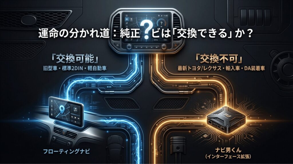 旧型車や2DIN車は交換可能、最新トヨタ車や輸入車はインターフェース拡張が必要であることを示すフローチャート。