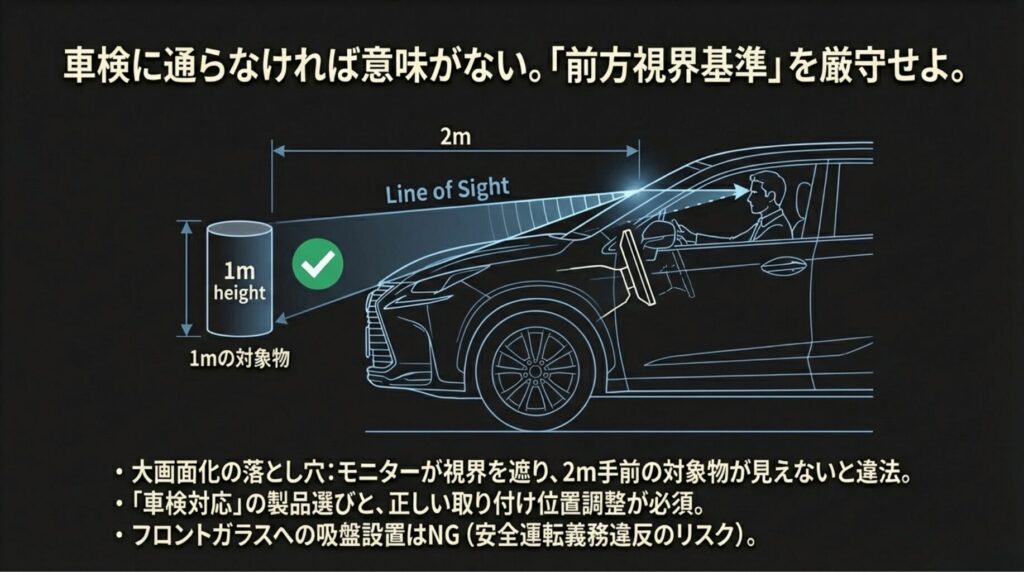 車検に通るための前方視界基準(前方2mの1m対象物が見えること)を解説した図。