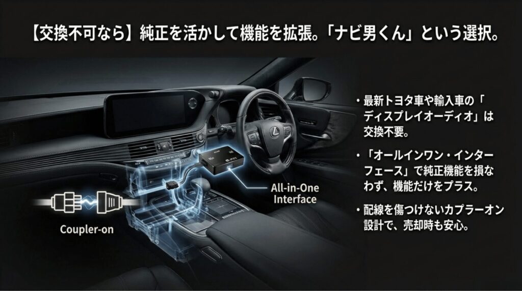 純正システムを活かしたまま、カプラーオンで機能を拡張するナビ男くんのインターフェース解説。