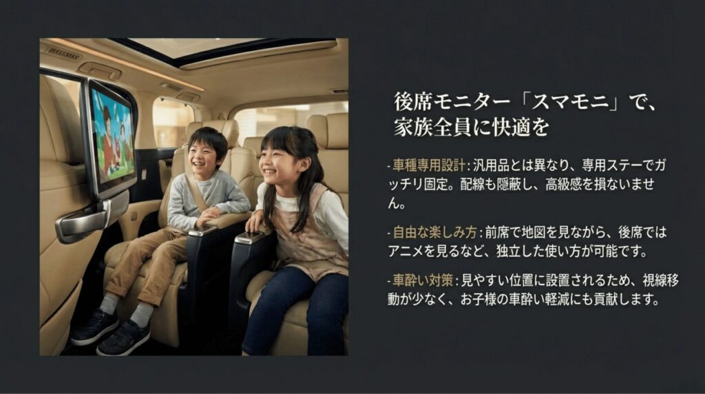 専用ステーでガッチリ固定され、前席とは独立した映像も楽しめる、子供の車酔い軽減にも配慮した後席モニターの設置イメージ