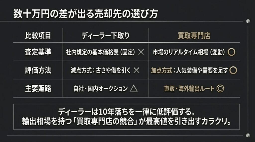 ディーラーの減点方式と買取専門店の加点方式の違い、および主要な販路（国内オークション vs 海外輸出）の比較表。