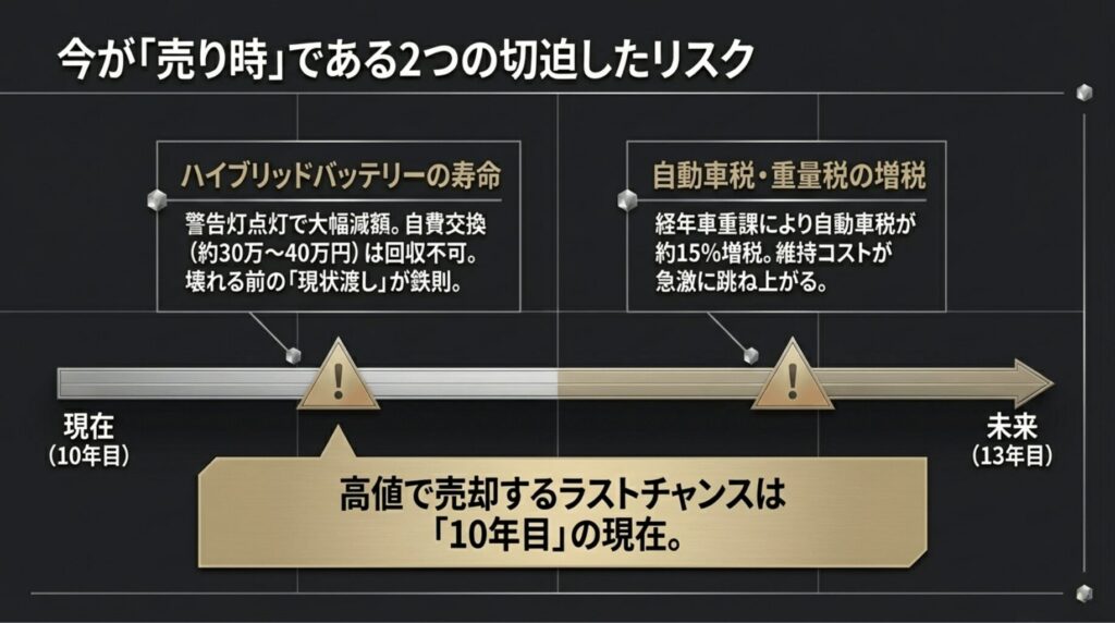 ハイブリッドバッテリーの寿命（交換費用30〜40万円）と13年経過による自動車税約15%増税のリスクを説明するタイムライン。