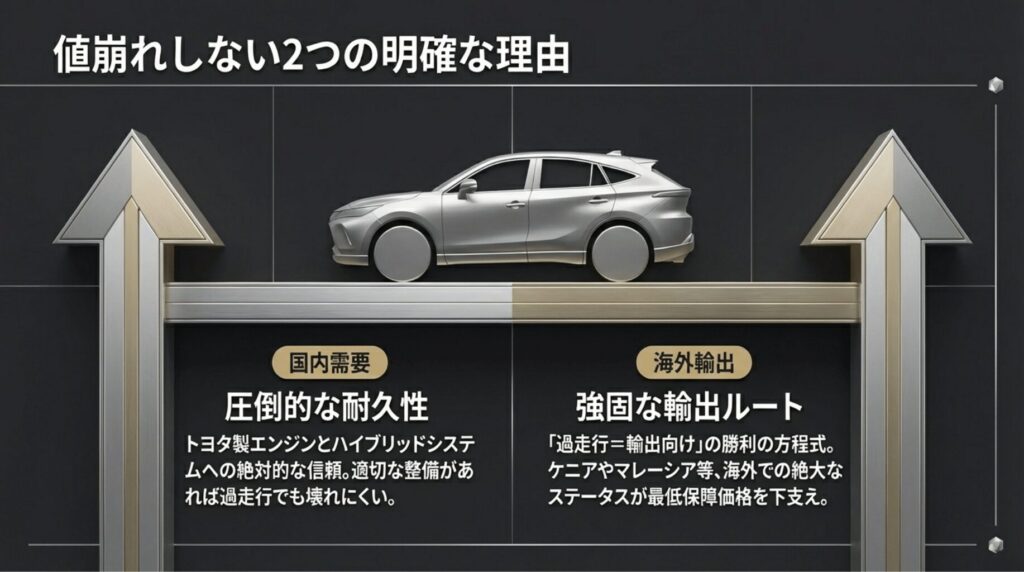 トヨタ製エンジンの耐久性による国内需要と、ケニアやマレーシアなどの海外輸出ルートが買取価格を下支えしている理由の解説。