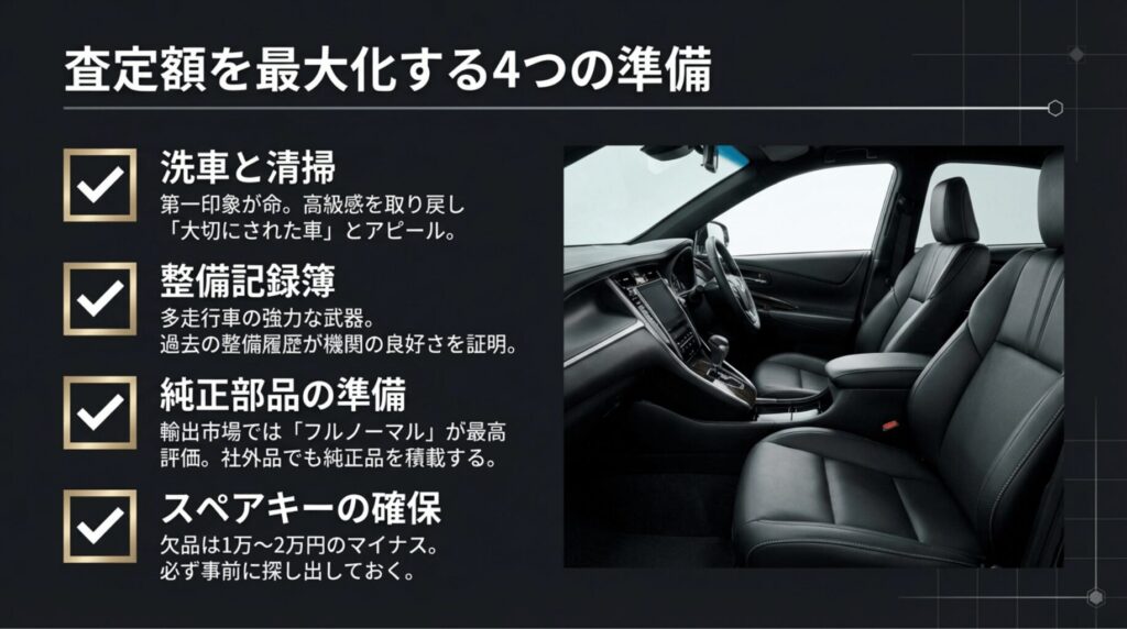 洗車・清掃、整備記録簿の用意、純正部品の準備、スペアキーの確保など、査定額を最大化するための重要ステップ。