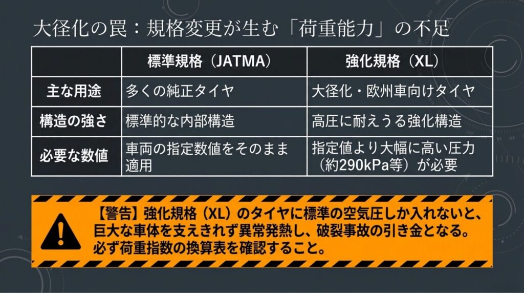 標準規格(JATMA)と強化規格(XL)の構造と必要空気圧の違い。XL規格にはより高い圧力が必要であることへの警告。