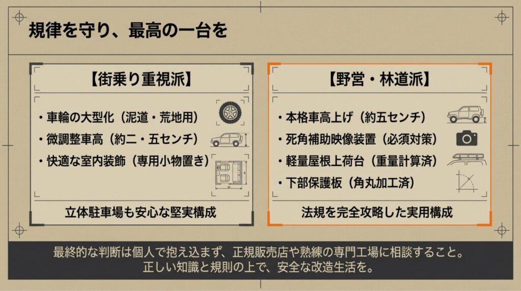 街乗り重視と野営・林道派、それぞれの法規を遵守した理想的なカスタム構成案のまとめ。