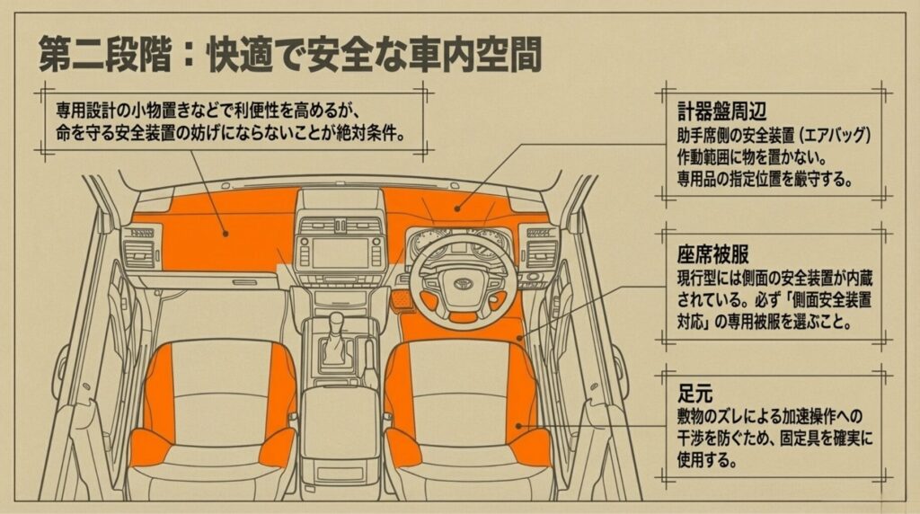 助手席エアバッグ作動範囲、サイドエアバッグ対応シートカバー、フロアマット固定の重要性を示した車内図。