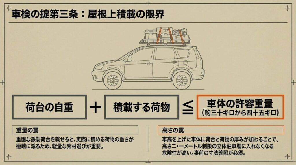 荷台自重と荷物の合計重量計算、および車高アップに伴う2.1m立体駐車場への干渉リスクの図解。