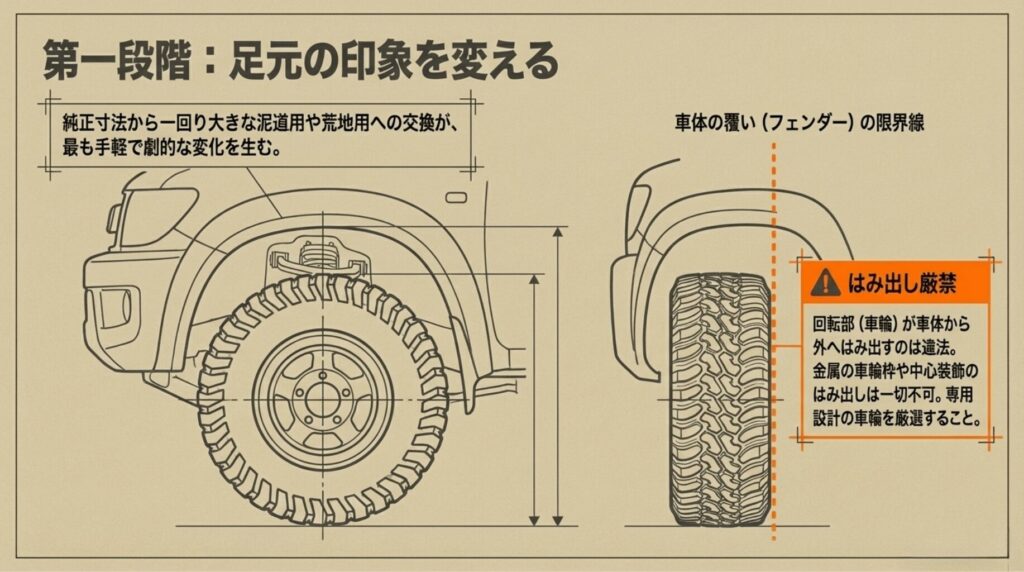 タイヤがフェンダーから外へはみ出すことの違法性と、車体の限界線を示した図。