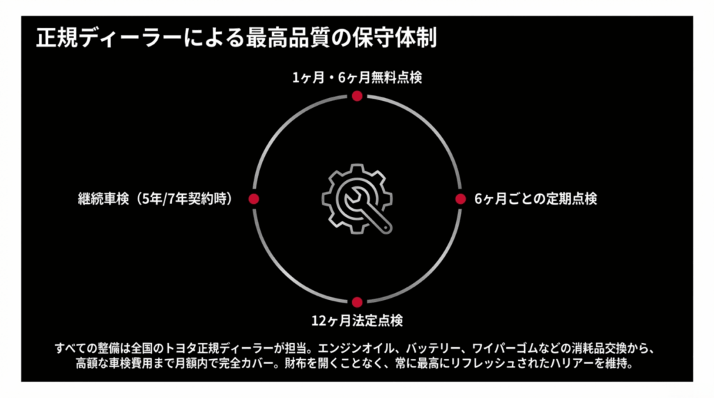 1ヶ月・6ヶ月・12ヶ月ごとの定期点検および車検を含むメンテナンスサイクル図