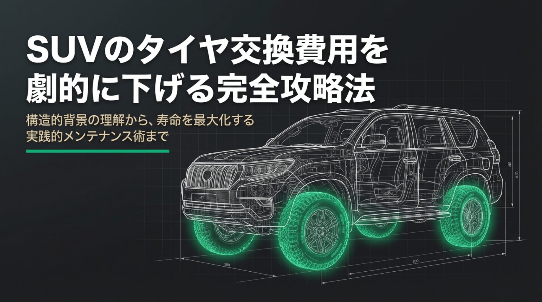 SUVのタイヤ交換費用を劇的に下げるための構造的背景とメンテナンス術を解説するスライドの表紙。
