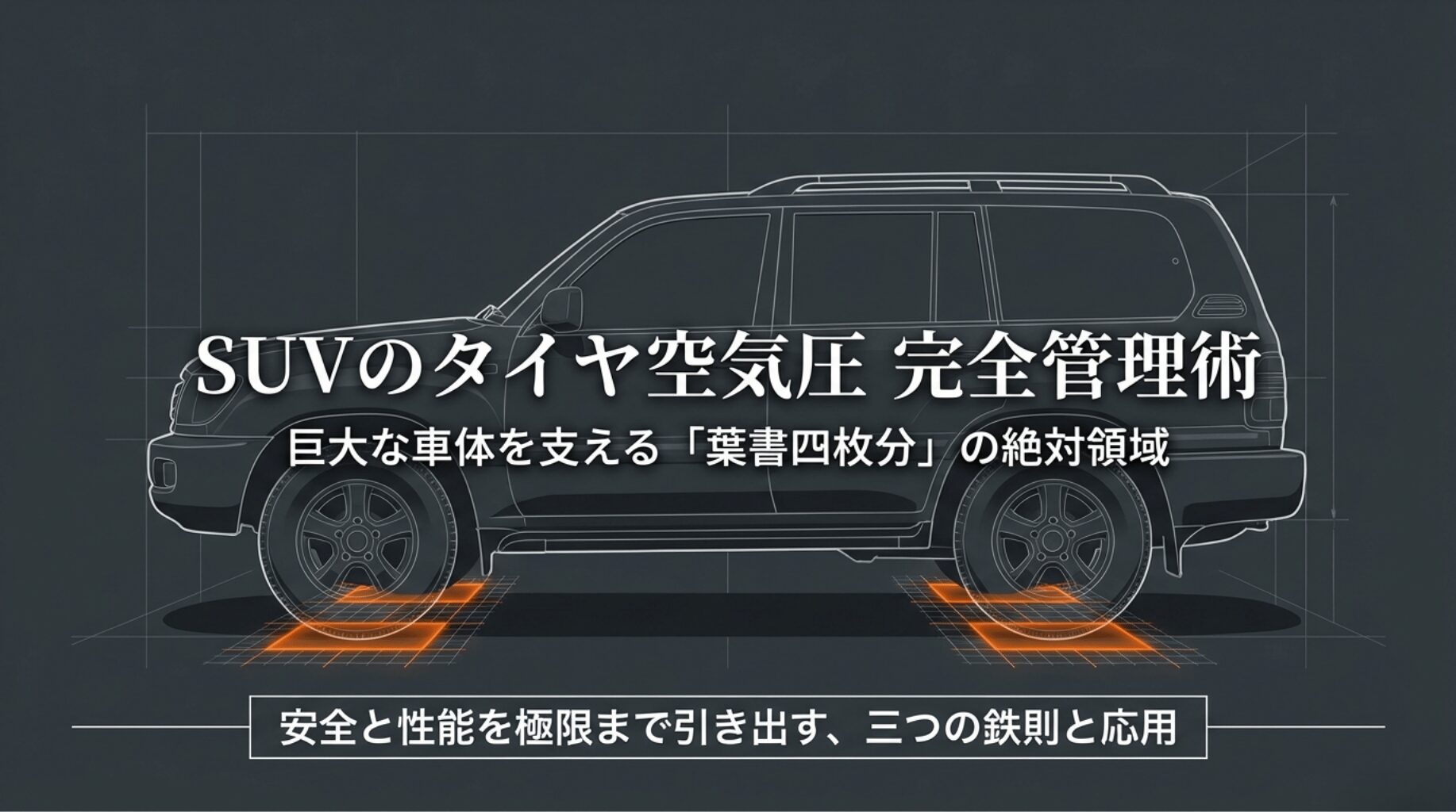 SUVのタイヤ空気圧管理術のタイトルスライド。巨大な車体を支える接地面の重要性を強調。