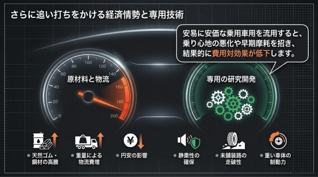 原材料費の高騰、物流費増、円安、およびSUV専用設計（静粛性・制動力など）が価格に及ぼす影響をまとめたスライド。
