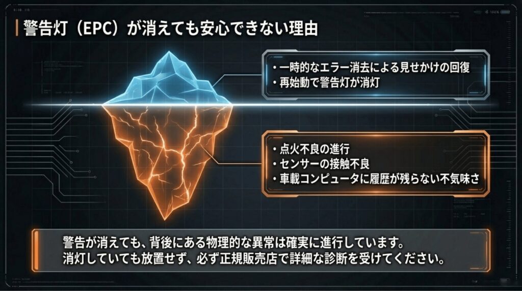 EPC警告灯が再始動で消灯しても、背後で点火不良やセンサーの接触不良などの物理的な異常が進行している可能性を示す注意喚起スライド 