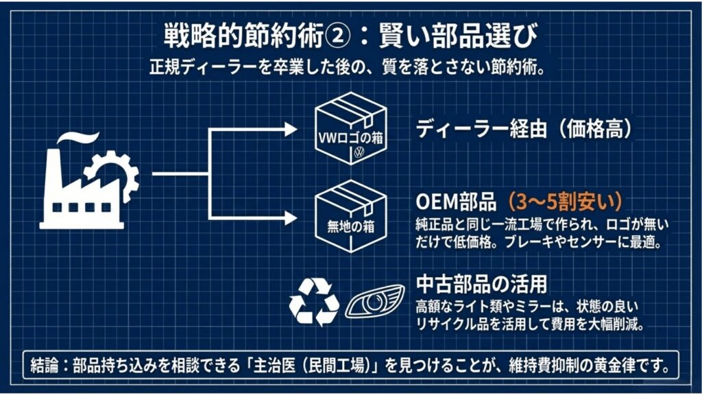 ディーラー経由の純正品に対し、3〜5割安いOEM部品や、ライト類・ミラーへの中古部品活用を推奨するコスト削減のスキーム図。