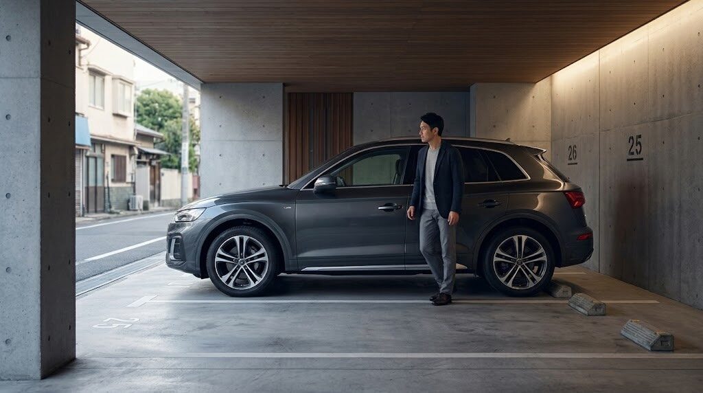 日本の住宅街にあるモダンなガレージに停車したダークグレーのアウディQ5。SUVの力強い外観と都会的なデザインを強調する、夜明けの自然光に照らされたシーン。