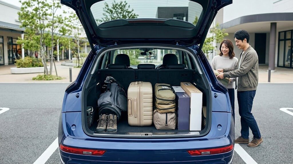 開放されたアウディQ5のリアゲートから、ゴルフバッグ、旅行カバン、キャンプ用品など、様々な荷物が整然と積み込まれたスクエアな荷室。後席が倒され広大なフラット空間が広がる。