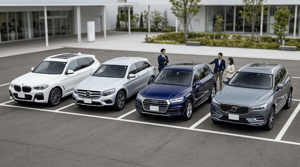 モダンな屋外駐車場に並べられた4台のプレミアムミドルサイズSUV。左からBMW X3、メルセデス・ベンツ GLC、アウディQ5、ボルボ XC60。アウディQ5を中心に、それぞれのボディサイズや車幅の違いが視覚的に比較できる。