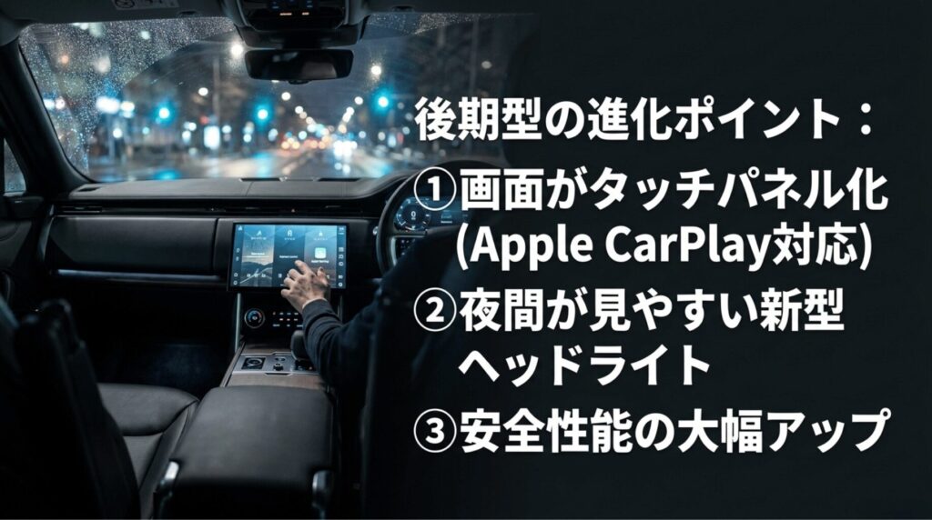 レクサスRX後期型でタッチパネル化、Apple CarPlay対応、新型ヘッドライト、安全性能向上が行われたことをまとめたスライド