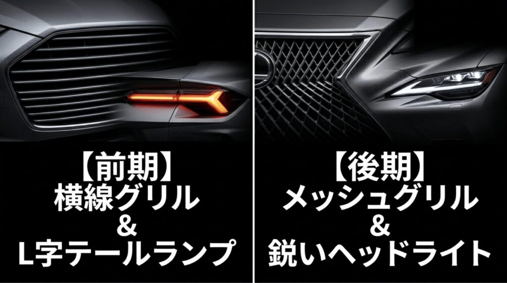 レクサスRX前期型の横線グリルとL字テールランプ、後期型のメッシュグリルと鋭いヘッドライトを比較したスライド