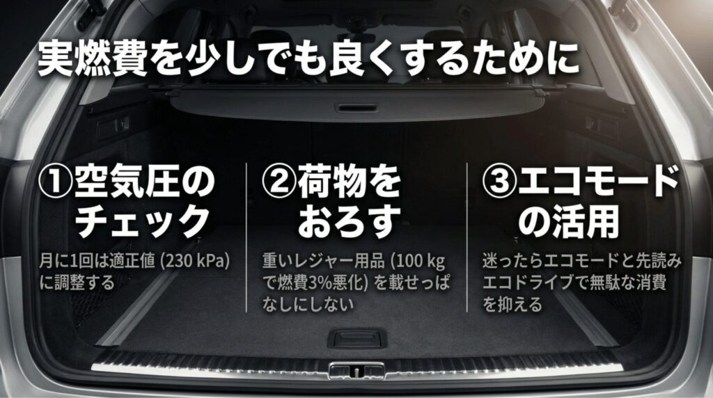 レクサスRX500hの燃費改善策として、空気圧チェック、荷物をおろすこと、エコモード活用を紹介する画像