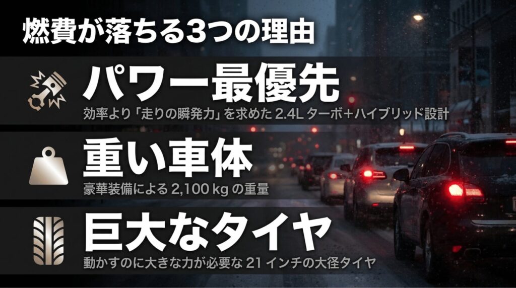 RX500hの燃費が落ちやすい理由として、パワー重視の設計、重い車体、21インチの大径タイヤを紹介する画像