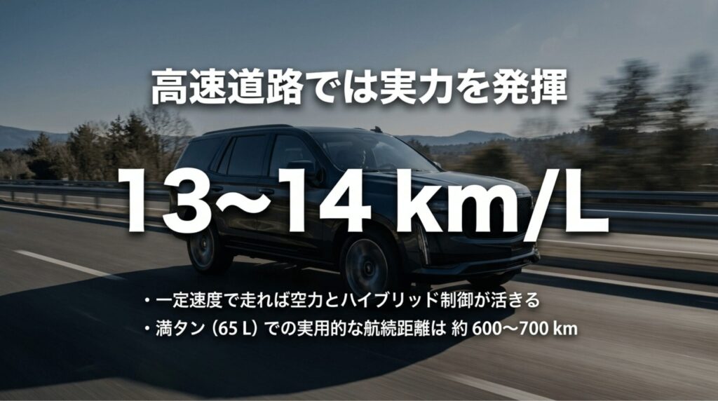 高速道路を走るRX500hと、実燃費13〜14km/L、満タン時の実用航続距離600〜700kmの目安を示す画像