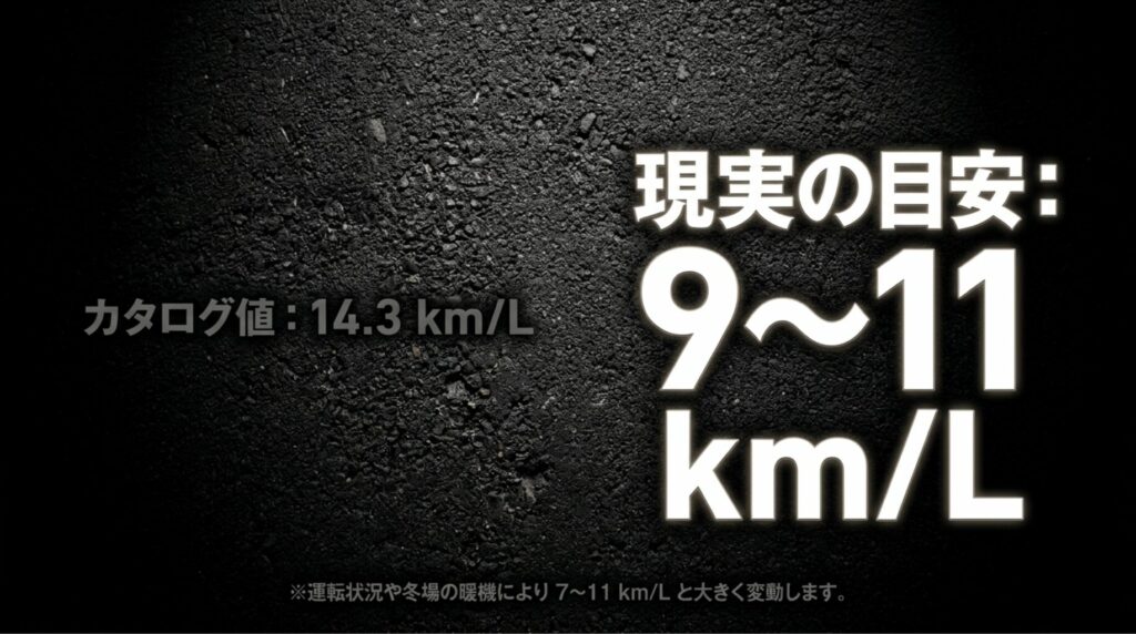 レクサスRX500hのカタログ燃費14.3km/Lに対し、実燃費の目安が9〜11km/Lであることを示す画像