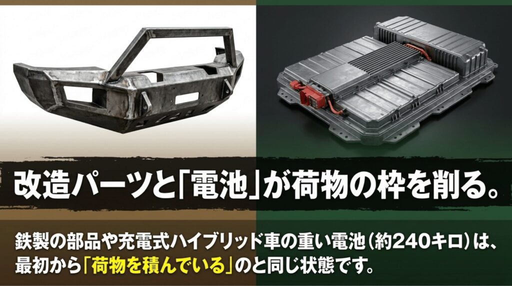 重いバッテリーや改造パーツがラングラーの積載余力を削ることを示すスライド