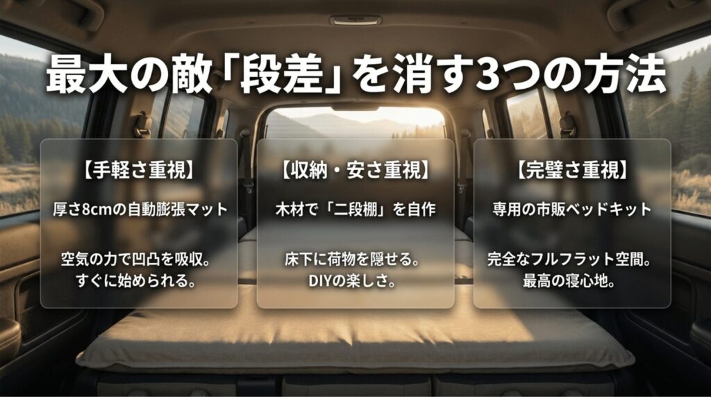 ラングラー車中泊で問題になる床の段差を、厚手マット、DIY二段棚、市販ベッドキットで解消する比較画像
