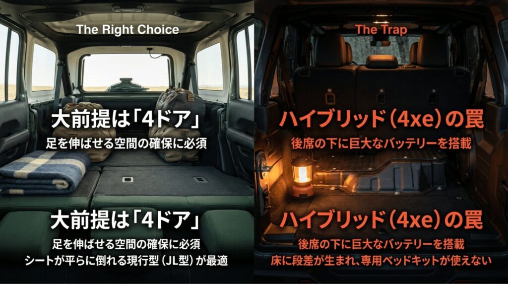 ラングラー車中泊では4ドアモデルが適しており、4xeはバッテリー構造による段差に注意が必要なことを示す比較画像