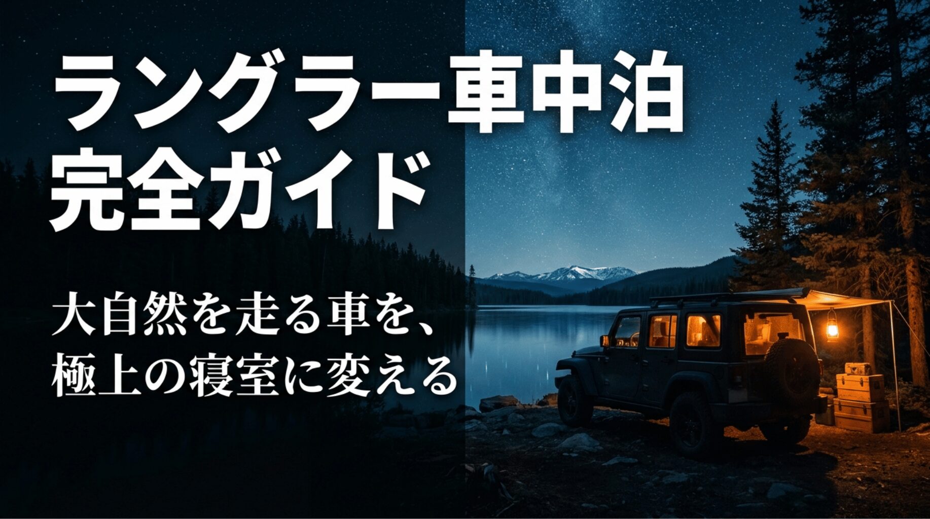 星空の湖畔に停まるラングラーと、車中泊で大自然を楽しむイメージ