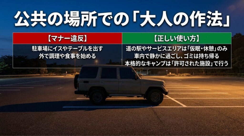 道の駅やサービスエリアでは仮眠と休憩にとどめ、椅子やテーブルを広げない車中泊マナーを示す画像
