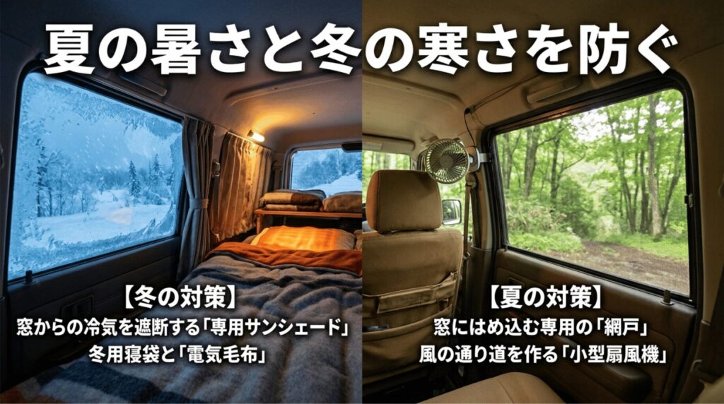 冬は専用サンシェードや電気毛布、夏は網戸や小型扇風機で快適に過ごすラングラー車中泊の対策画像