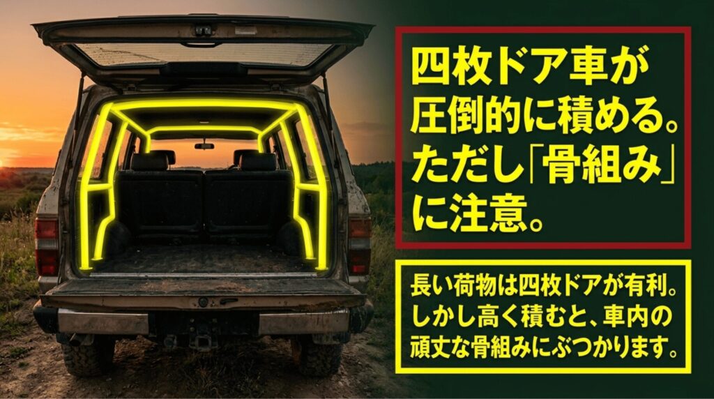 ラングラーの荷室とロールバーを示し、4ドア車の積載性と高積み時の注意点を説明するスライド