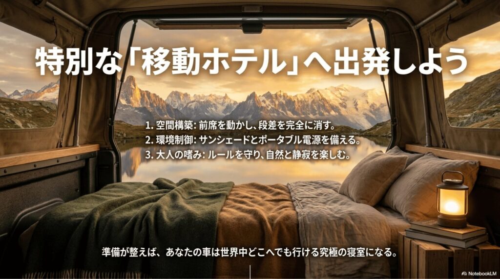 ラングラーの荷室を寝室化し、空間構築、環境制御、マナーを守って車中泊を楽しむまとめ画像